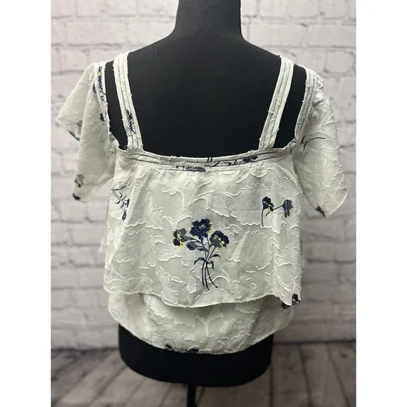 Lucky Brand Womens S Pale Green w/Blue Floral Off‎ Shoulder Layered Lined Blouse - Picture 2 of 7